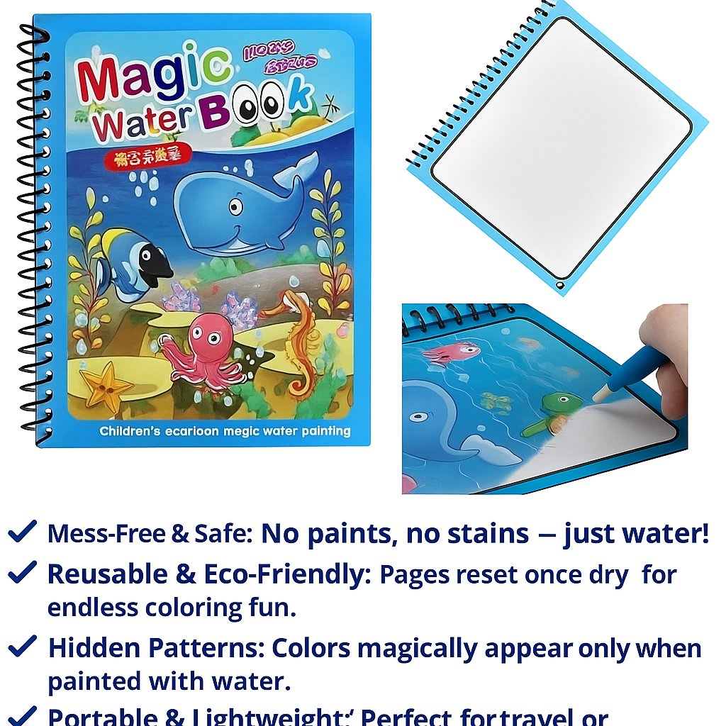 2 Magic Water Coloring & Drawing Book for Kids | Reusable Painting Doodle Board with Magic Water Pen – Mess-Free Fun & Educational Art Toy