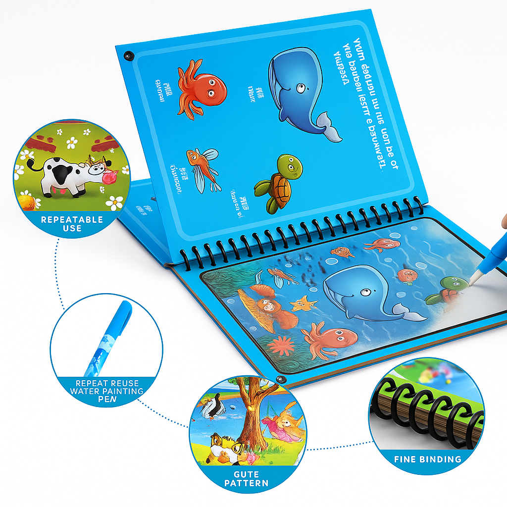 2 Magic Water Coloring & Drawing Book for Kids | Reusable Painting Doodle Board with Magic Water Pen – Mess-Free Fun & Educational Art Toy